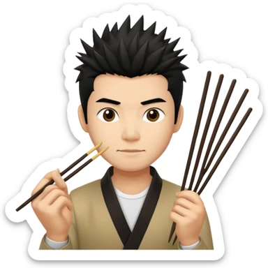Make it a vietnamese male with spiky black hair hold a pair of chopsticks sticker