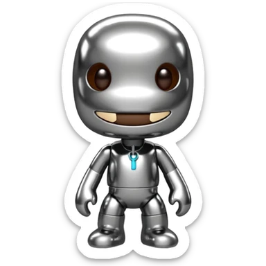 Turn this Sackboy character in the photo into 3D chrome metallic style, highly reflective and shiny, with realistic details sticker
