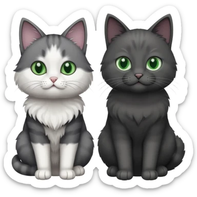 one dark grey and white cat and one completely solid dark grey cat with green eyes and only white paws sticker