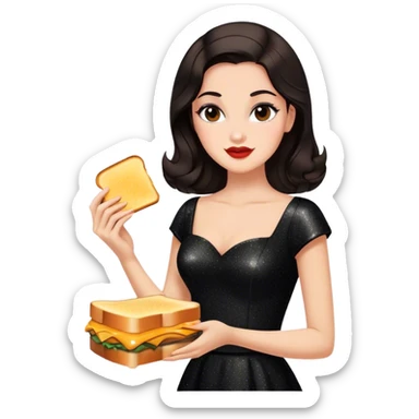 Beautiful woman in 1950’s woman fashion look, black shimmery dress, long dark brown hair, grilled cheese sandwiche sticker