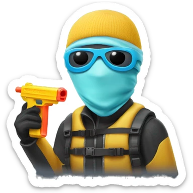 man dressed in a ski mask with a watergun sticker