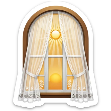 White window open with sun shining through lace curtains sticker