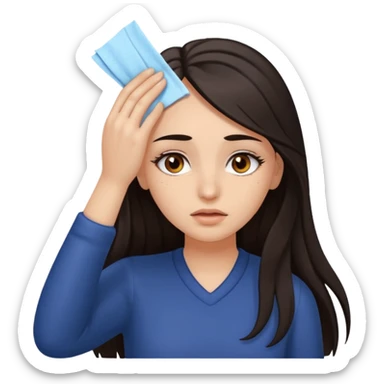 Girl with brown eyes and bold eyelashes and long dark hair wiping her forehead in relief sticker