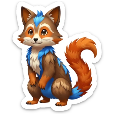 Colorful brown with blue and orange tropical exotic shiny beautiful fantasy-Cacomistle-oncilla-animal-Fakémon-hybrid-fursona (full body) sticker