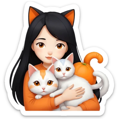 East Asian girl with long flowing black hair hugging a predominantly white cat with orange patches, sweet and gentle, cute facial expressions sticker