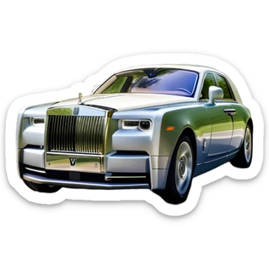Rolls-Royce Phantom (2022) – cinematic-realistic Rolls-Royce Phantom, its polished silver frame glistening under the sun as it glides down a winding, tree-lined road. The iconic Spirit of Ecstasy hood ornament stands proudly, the V12 engine hums silently as the car cuts through the serene countryside, embodying elegance and power. sticker