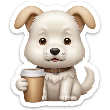 A white dog holding a coffee cup looking stressed and busy sticker