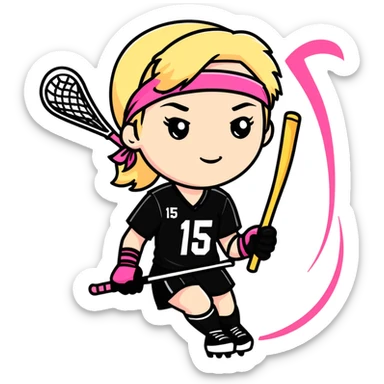Women lacrosse player with a pink stick and all black uniform and blonde hair cool and athletic number 15 with cool eye black sticker