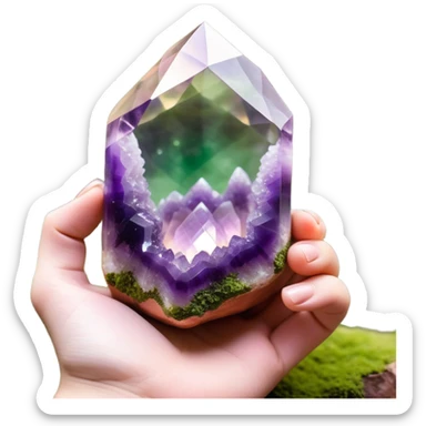 Ethereal hand silhouette (barely visible) cradling a raw amethyst geode prism, light refracting into natural scenes (e.g., skincare products in a spa), moss green (#8A9B6E) and terracotta (#B47157) gradients, soft bokeh light spots, earthy yet luxurious vibe  sticker