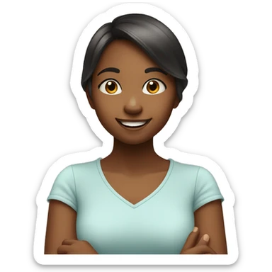 A young girl posing with her hands under her chin in a cheerful manner, with a friendly smile sticker