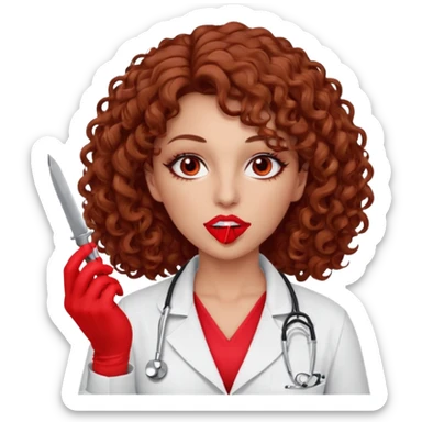 Lilith scalpel in hand, evil surgeon sexy surgeon clothes.  She has red eyes.  Hair is long. Hair is brown and curly hair. Wears sexy doctor outfit with red gloves. Covers mouth neck and nose with red litham for Muslim woman sticker
