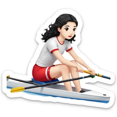 girl with long black wavy hair, white skin, wearing red shorts and white short-sleeve t-shirt, sitting in a long and thin racing boat suitable for Olympic rowing, rowing, boat and girl facing right in profile sticker