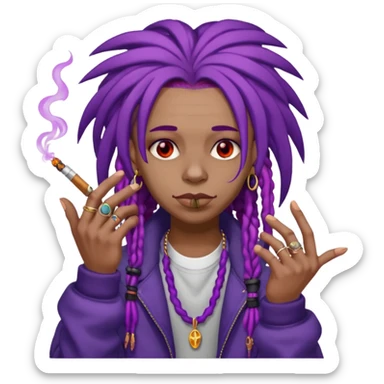A purple weed smoking emoji with purple dreads, red eyes, hands full of rings, and wearing airforce1 shoes  sticker