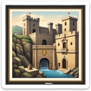 tribunal in Mértola with historical architecture elements like walls and castle, justice symbols like scales sticker