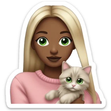 Dark blond girl, Green eyes, brown skin, long lashes, big rosé lips, pink sweater, holding ragdoll grey in arms sticker