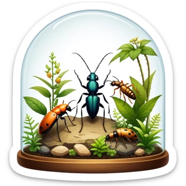 Close-up of home insects showcasing beetles, praying mantises and other exotic species in vivid detail, with natural textures of the terrarium. Soft lighting highlights their features. Transparent background. sticker