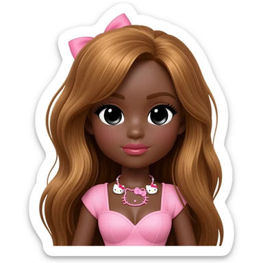 hello kitty necklace, doll eyes, Doll, big chest, dark brown skin, long honey brown hair, black cute eyes, pink bows with cute lips sticker