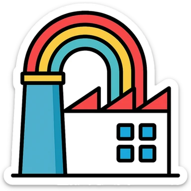 Enhance the minimal rainbow factory by making it much more colorful with vibrant rainbow arcs and bright accents while maintaining the clean and modern look. sticker