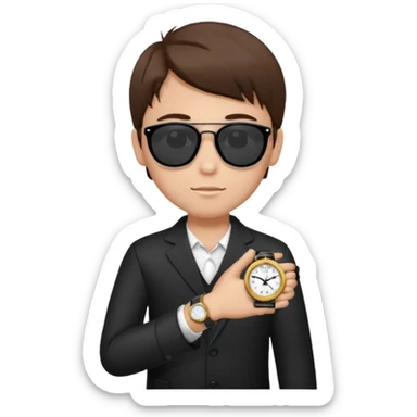 Un niño con pelo lacio color castaño,con lentes de sol negros y un reloj en la mano sticker