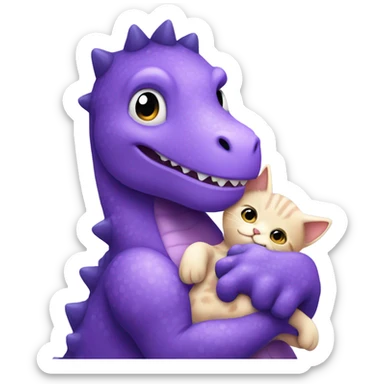 A purple dinosaur holding a kitten sticker