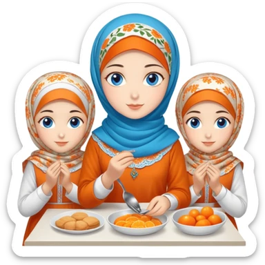 Four sister Turkish girls beautiful finish Konya blue eyes with orange floral hijab and Islamic dress and make Breakfast sticker