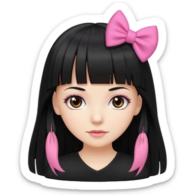 garota branca com cabelo longo, preto e franja reta, olhos castanhos, top preto e laço rosa no cabelo  sticker