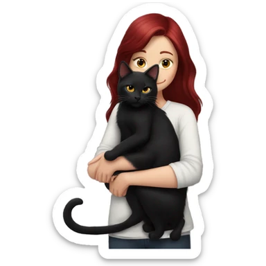 realistic girl with burgundy hair hugs a black cat sticker