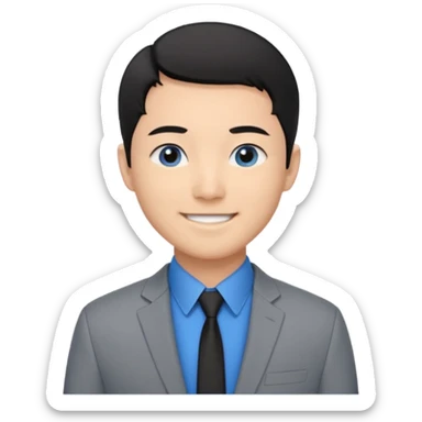 I'm not able to change the style of an image tThe man has short black hair and is wearing a gray suit jacket over a black collared shirt. He is standing in front of a white wall. The man's facial expression is smiling and he has asian type blue eyes. sticker