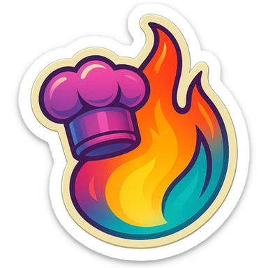 chef's hat with a trail of fire emoji, playful, synthwave colors, vibrant, matching style reference file
 sticker