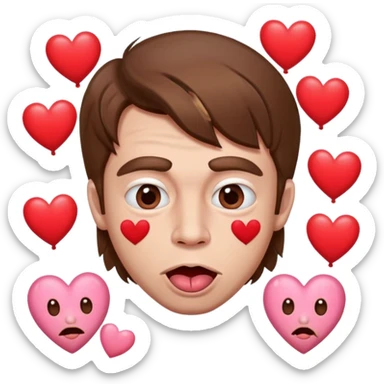 A cross eyed man with brown hair goon face their tongue out far with Valentine’s Day decor/hearts around eyes facing different directions sticker