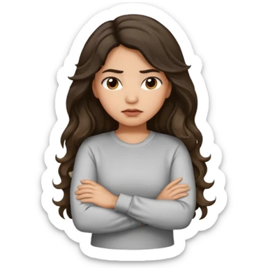 Hispanic light tan girl with long dark wavy hair pouting and arms crossed. Wearing a long sleeve. Hair with middle part. sticker