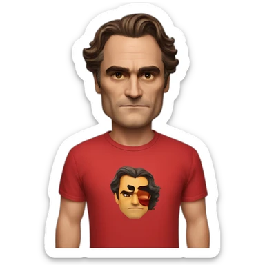 joaquin phoenix with red t-shirt with text "nenno" sticker