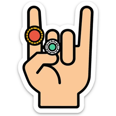 Make the rings on the hand more detailed while keeping the metal sign gesture. Maintain the color outline style with no background. sticker