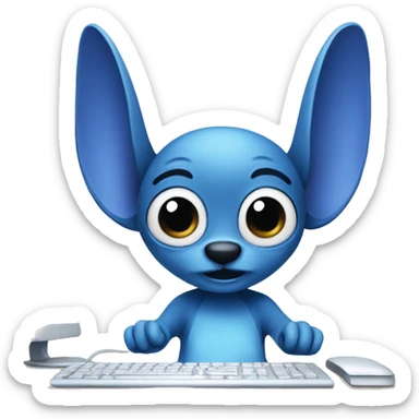A blue stitch with big ears working on a computer sticker