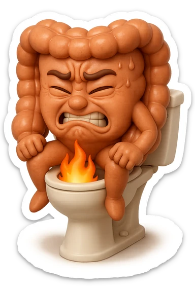 SU QUESTO STILE FAI UN EMOJI STILE IPHONE 3D DI UN INTESTINO CHE sta seduto sul wc e dal wc in mezzo alle sue gambe esce una fiamma stile emoji iphone, FAGLI UN ESPRESSIONE di dolore mentre si sforza E FALLO MOLTO REALISTICO IN 3D sticker