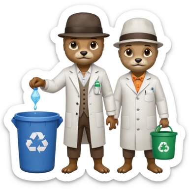 an otter disguised as a man picking up trash bins, next to a mad scientist sticker