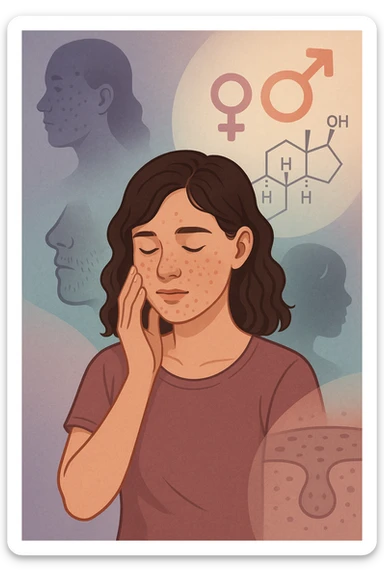 A young woman is surrounded by faint overlays of hormonal symbols and androgen molecules, with shadowy images of acne, facial hair, and oily skin projected around her, symbolizing the symptoms of PCOS with androgen excess. She looks down, gently touching her face with a resigned but hopeful expression, symbolizing her journey toward managing these symptoms. in italiano sticker