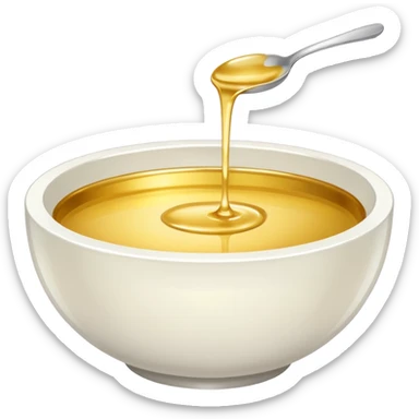 white bowl of gold liquid, shiny, smooth, no spoon, simple, clear sticker