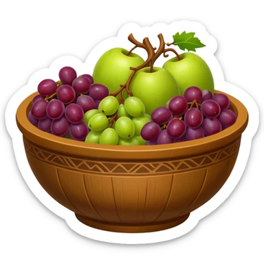 medieval fruit bowl object icon, grapes apples pears, clay bowl, warm rustic look, 3D cartoon, mobile game icon style, clean background, no text, no watermark
 sticker