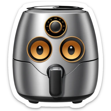 An air fryer with the knobs and handles made to look it's eyes, nose and mouth, hysterically crying with laughter sticker