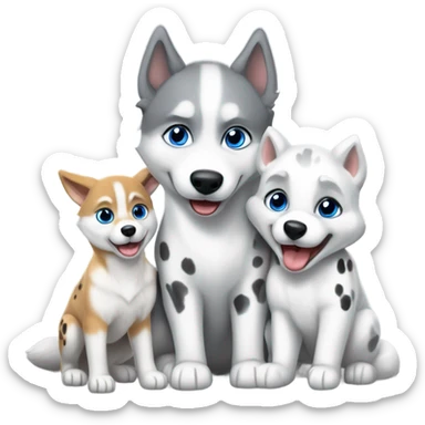 soft sun light, one white and grey baby  syberian husky, one big adult fox, one baby dalmatian white eyes and black ears, playing together, no background, high resolution, very detailed, realistic, amazing sticker