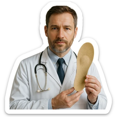 realistic orthopedic doctor holding an orthopedic insole, natural light, detailed face sticker