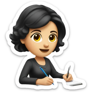 white skin mom with short dark hair writing  a notebook on a wooden desk  sticker