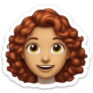 mujer con pelo rizado pelirrojo, sonriente y ojos marrones verdosos levantando las manos de alegría sticker