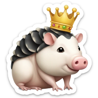 Black piebald chubby round armadillo pig panda centipede armadillo wearing a crown sticker