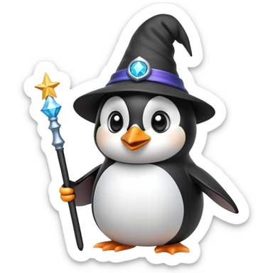 penguin wearing a wizard hat and holding a magic wand sticker