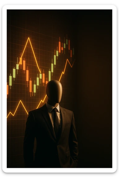 Cinematic 3D render of a faceless mannequin in a suit, standing in front of a giant glowing stock market graph (candlesticks, charts). Large empty wall space on the right for text overlay. Dramatic lighting, deep contrast, epic finance atmosphere. sticker
