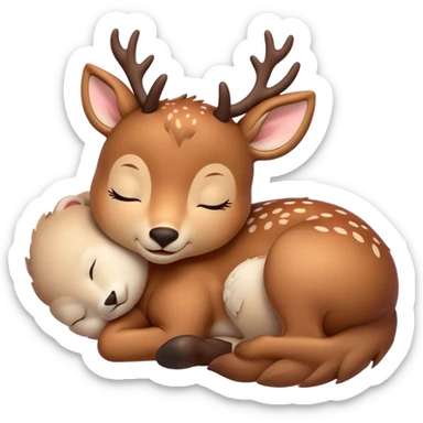 Meme-Worthy Cute Sleeping Deer Portrait Emoji, Head resting peacefully with a contented smile, showcasing a delicate, slender build and a luxuriously soft Fur, eyes shut in a serene, restful nap, Simplified yet hilariously adorable features, highly detailed, glowing with a soft, drowsy light, high shine, relaxed and utterly lovable, stylized with an air of playful laziness, bright and heartwarming, soft glowing outline, capturing the essence of a comically sleepy deer, so meme-worthy it feels like it could instantly become the next viral sensation of adorable woodland slumber! sticker