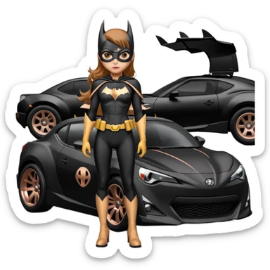 Relaxed adult Batgirl’s full reality crime fighting themed Satin black and rosegold painted Scion FR-S pursuit vehicle hot rod off road capable  sticker