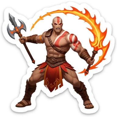 An icon showing a powerful warrior wielding a weapon, ready for battle, inspired by God of War: Ragnarok. The design captures the strength and determination of the character, with dynamic motion lines and a fiery, epic background. Transparent background highlights the action sticker